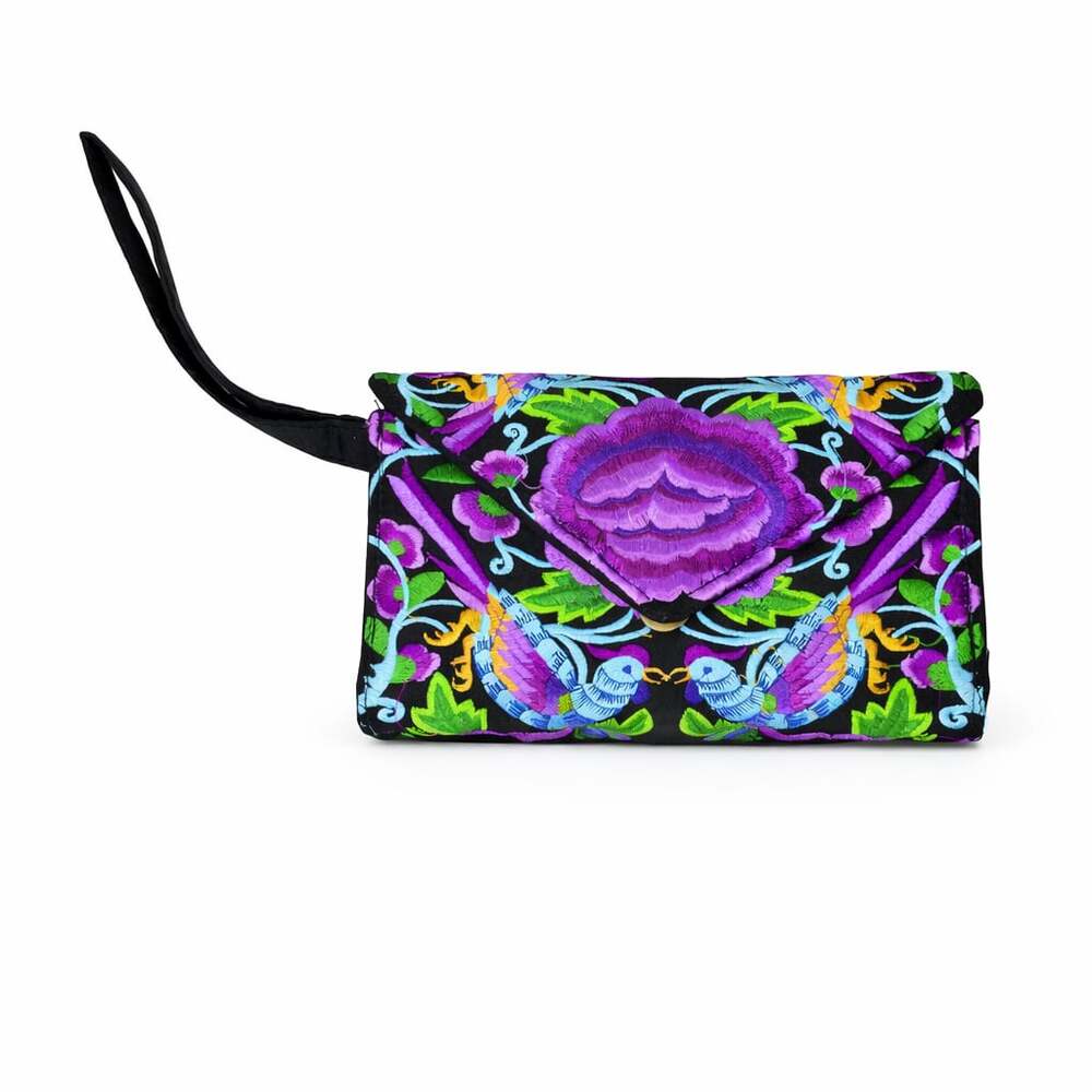Boho Floral‎ and Bird Embroidered Wristlet Clutch Bag ***Some loose strings***